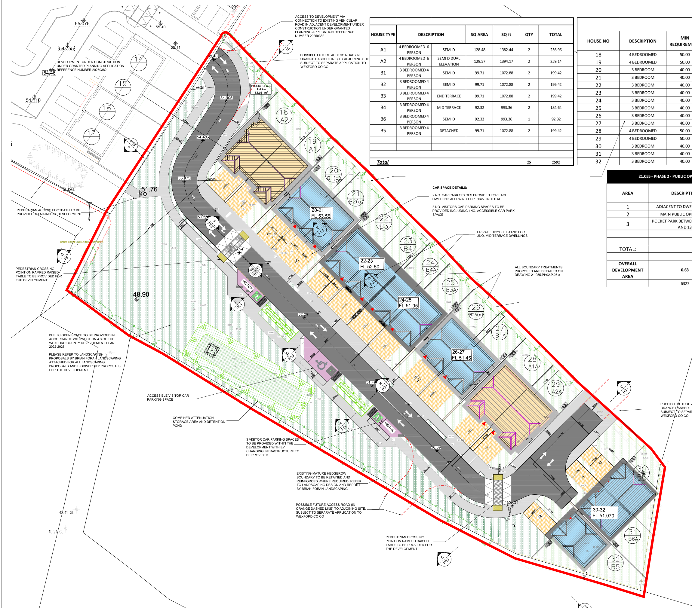 Proposed site layout with numbered homes 18 to 32, road, parking and open space