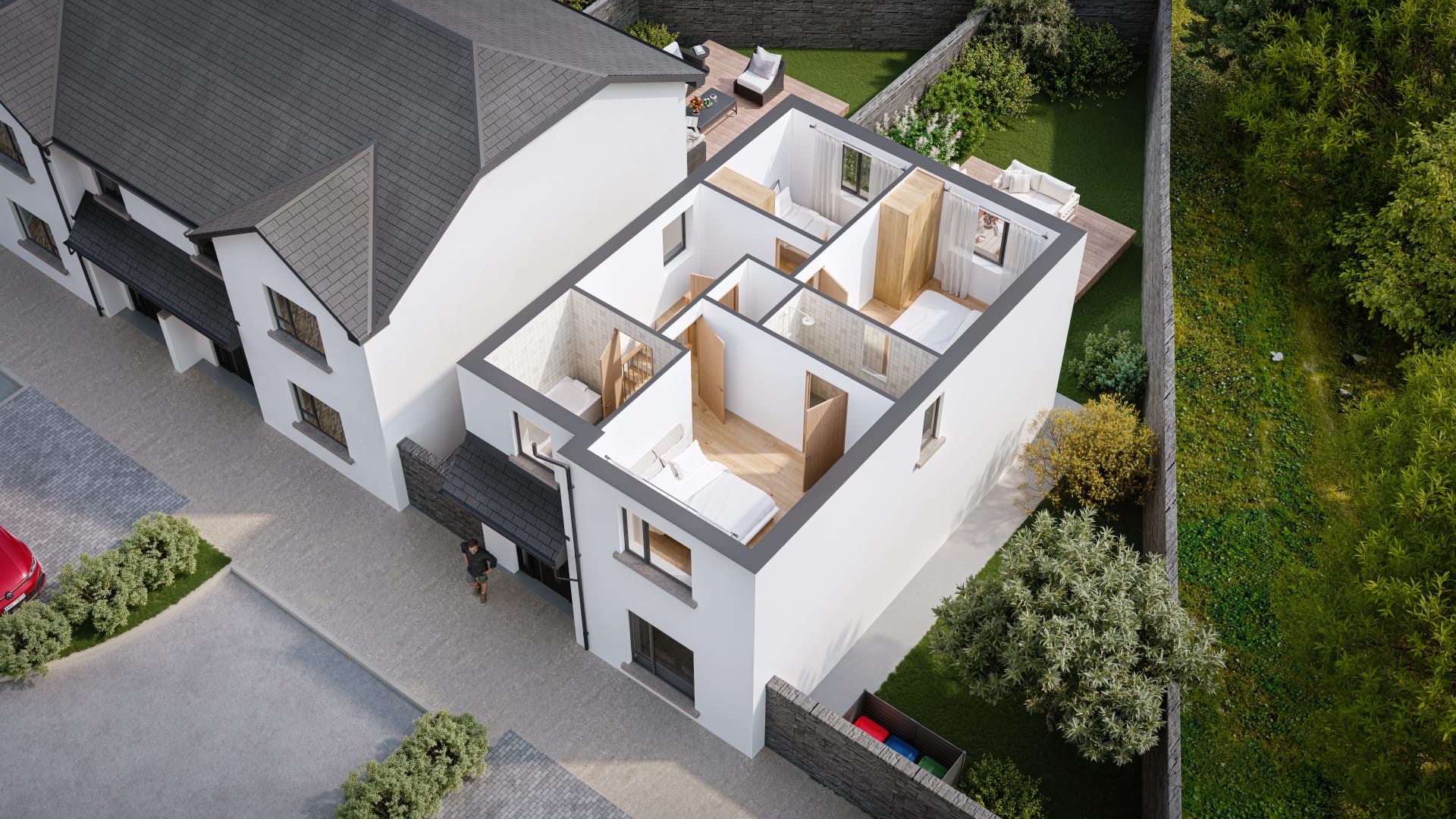 Upper-floor rooms — cutaway — architectural visualisation