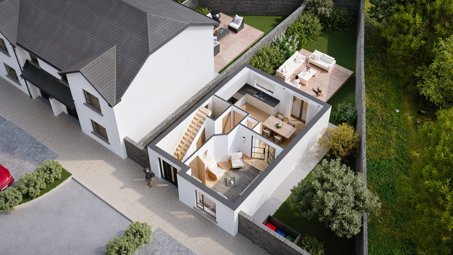 Ground-floor living — cutaway — architectural visualisation