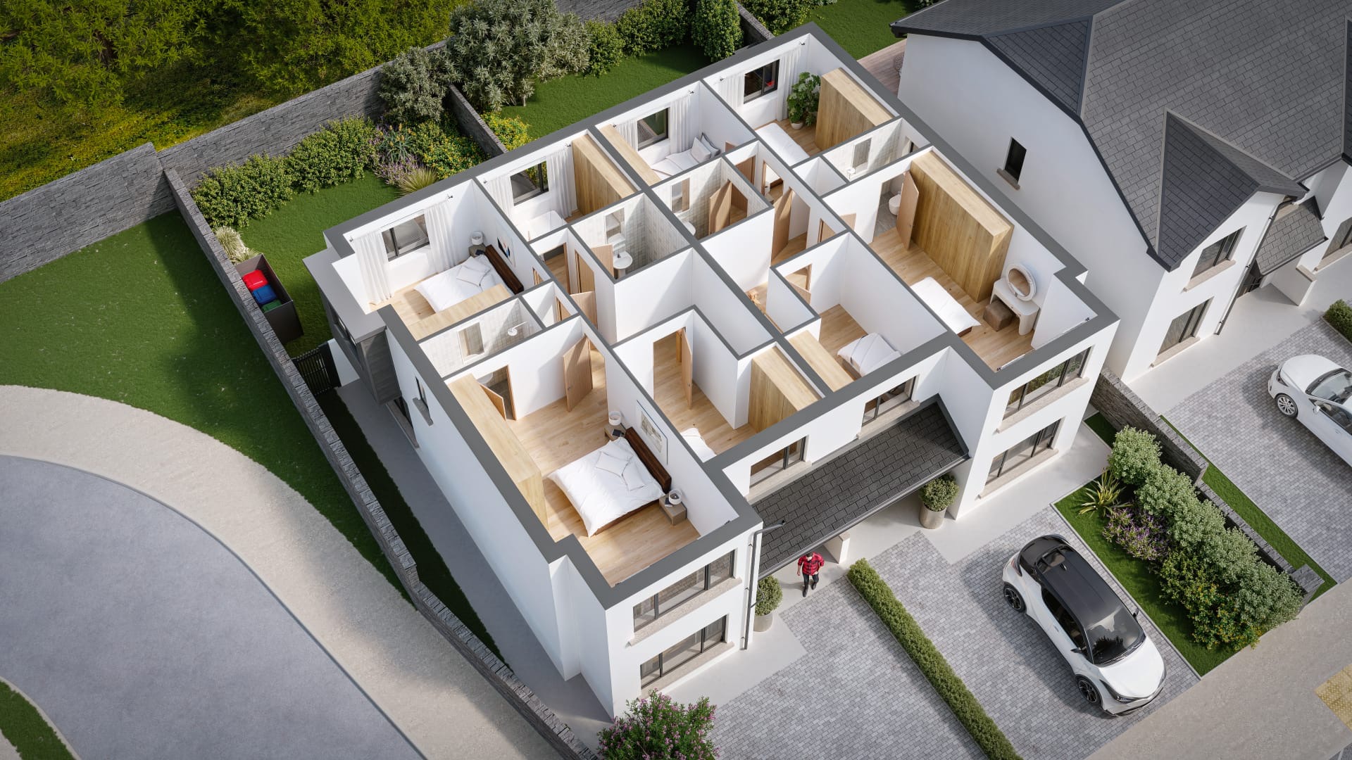 Paired homes — upper-floor cutaway — architectural visualisation