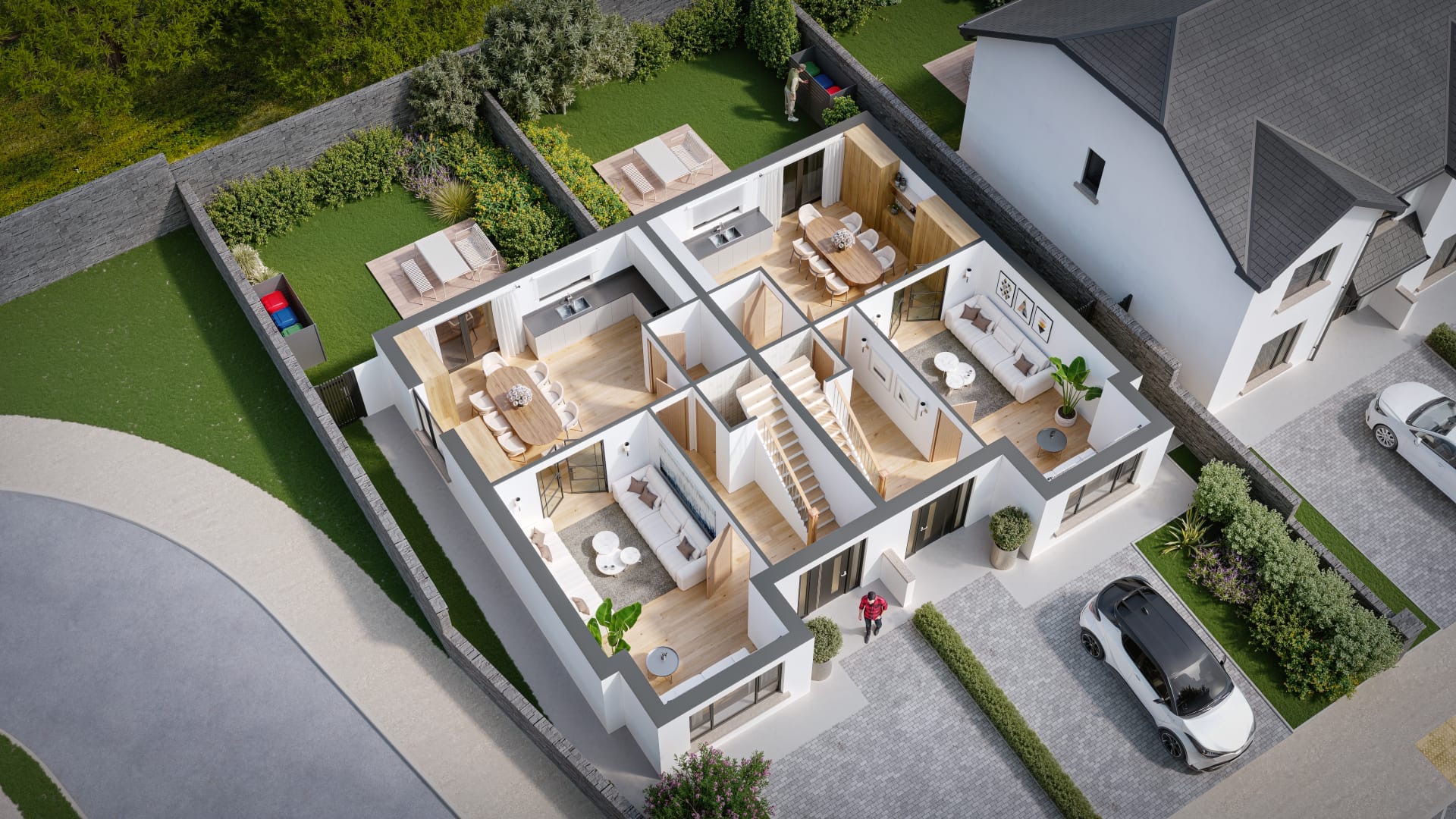 Paired homes — ground-floor cutaway — architectural visualisation